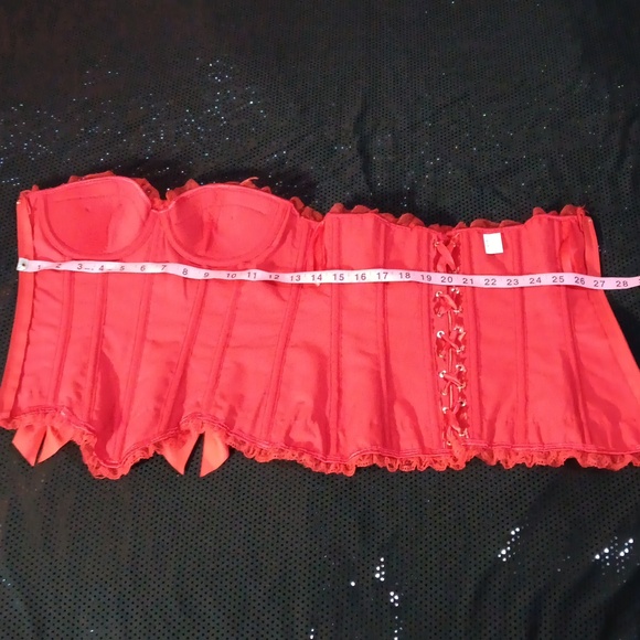 Lace Ruffled Very Red Satin Corset With Bows, Lace Up Back & Side Zipper (M) - Picture 13 of 16